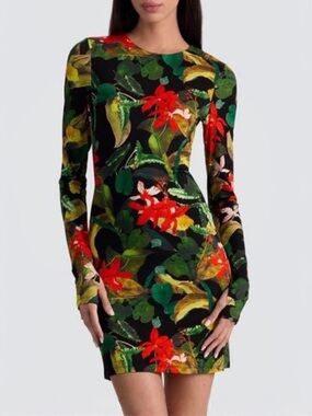 Alice + Olivia Black Delora Tropical Print Long Sleeve Mini Dress Sz 2